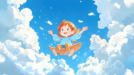 Happy Girl Flying on Clouds with Blue Sky and White Butterflies