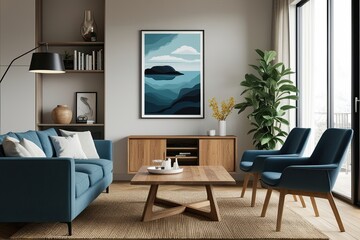 Contemporary Living Room Mock-Up with Stylish Artwork Oak Table and Modern Decor