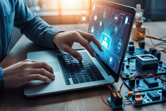 Mobile App Developer Conceptualizing Tech Artistry with Laptop and Circuit Design Integration