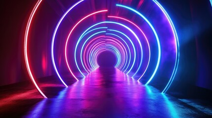 Obraz premium Neon Glowing Circular Lights Tunnel with Wet Floor