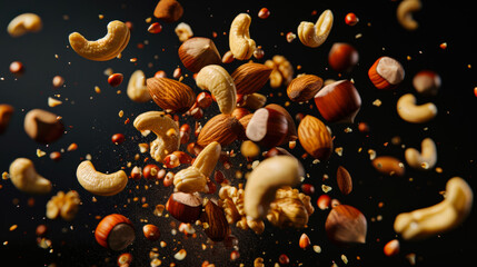 An assortment of nuts flies into the air. The nuts include almonds, cashews, hazelnuts and walnuts. A delicious healthy protein snack