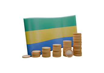 3D render illustration of Gabon flag and currency called CFA Franc