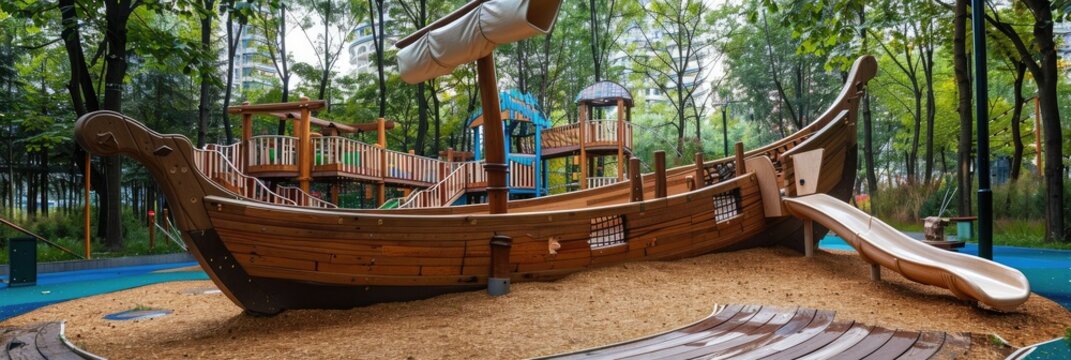 High-quality image of a wooden ship-themed playground in a contemporary amusement park designed for outdoor play.