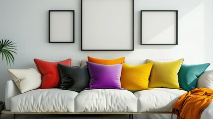 Scandinavian-Style Modern Living Room Featuring White Sofa, Colorful Pillows, and Art Poster Frame Against Wall