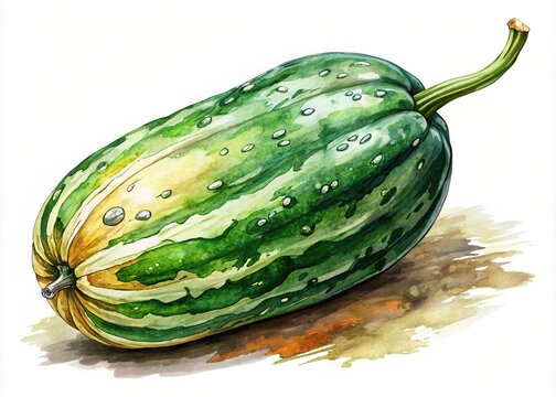 A delicate watercolor painting featuring soft brushstrokes captures the intricate details of a wintermelon yam, its ridges and crevices showcasing the tender beauty of its tattered surface.