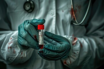 A healthcare professional collects a blood sample wearing a white coat and blue gloves, emphasizing the importance of proper PPE