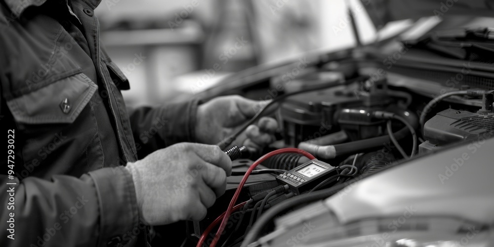Poster a person repairing an automobile engine while holding a smartphone, possibly checking instructions o