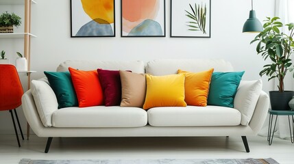 White Sofa with Colorful Vibrant Pillows and Art Poster Frame in a Scandinavian-Designed Modern Living Room