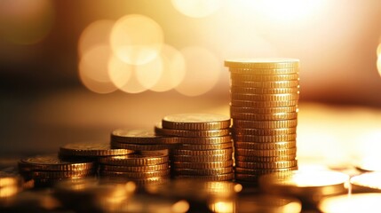 Stack of Gold Coins Illuminated by Warm Lighting Representing Wealth Building, Savings Growth, and Financial Security in Economy