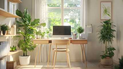Modern Home Office with Green Plants and Minimalist Design