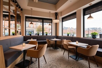 Fototapeta premium Inviting Cafe Interior with Plush Seating and Versatile Tables Next to a Scenic Panoramic Window