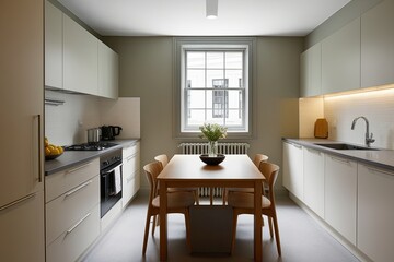 Efficient Kitchen Design with Cozy Dining Area and Sunny Square Window