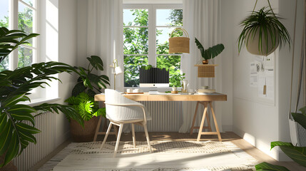 Modern Home Office with Green Plants and Minimalist Design