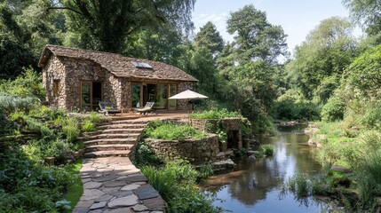 Stone Cottage by the River with a Patio and Stone Walkway