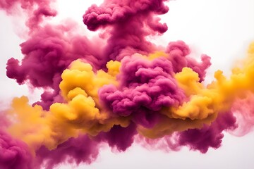 Fototapeta premium Bright yellow and magenta smoke clouds merging together creating a lively effect on a white background, AI Generated 