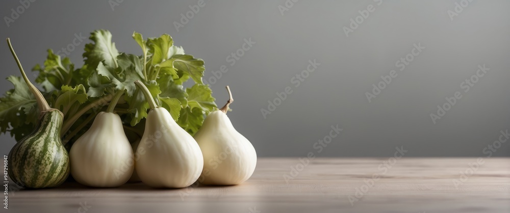 Wall mural White and Green Gourds on a Wooden Table