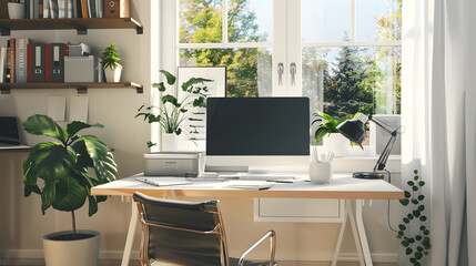 Modern Home Office with Green Plants and Minimalist Design