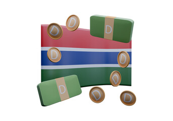 3D render illustration of Gambia flag and currency called Dalasi