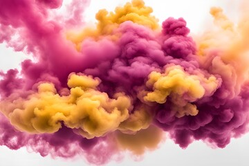 Fototapeta premium Bright yellow and magenta smoke clouds merging together creating a lively effect on a white background, AI Generated 
