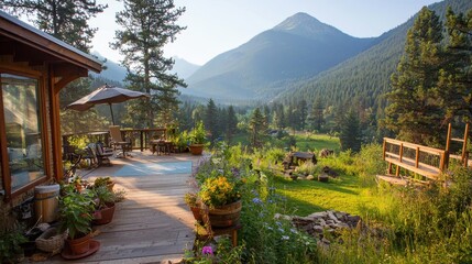 Fototapeta premium Mountain View Cabin Deck with Flowers and Trees
