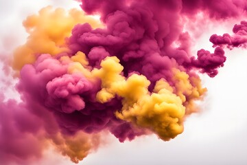 Fototapeta premium Bright yellow and magenta smoke clouds merging together creating a lively effect on a white background, AI Generated 