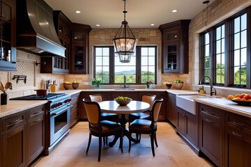 Fototapeta premium Sophisticated Stone Kitchen Design Featuring Gourmet Cabinets and Dining Table with Scenic Window View