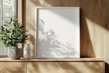 Poster Frame Mockup on Wooden Interior Background created with Generative AI