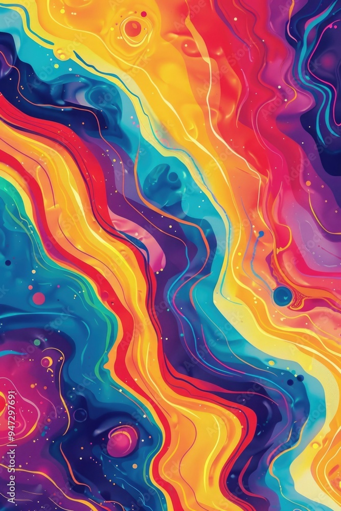 Poster a vibrant, abstract fluid painting background with swirling patterns and bubbles