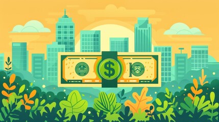 Naklejka premium Simple flat style illustration of money in a corporate context, using green-blue and yellow pastel colors, with saturated tones, sharp edges, and minimalistic details on a white background