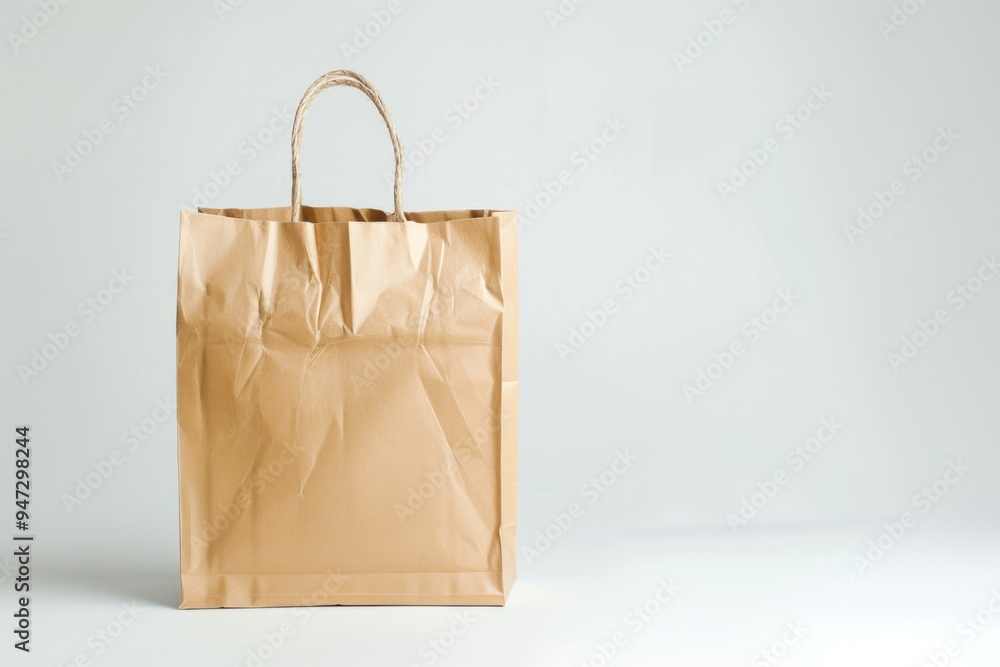 Poster a plain brown paper bag sits on top of a table, empty and unused