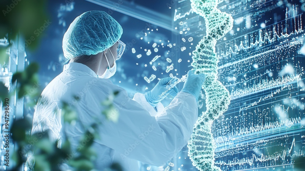 Poster scientist examining dna structure with syringe in laboratory