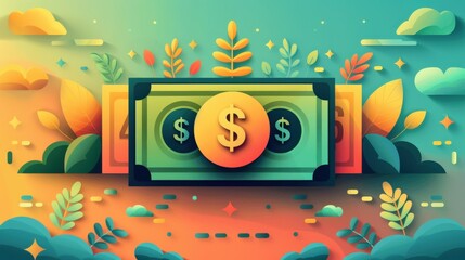 Obraz premium Simple flat style corporate illustration with money motif, using green-blue and yellow pastel colors, saturated hues, sharp edges, and a white background