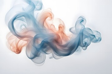 Fototapeta premium Pastel blue and peach colored smoke gently swirling and blending into a white background, AI Generated