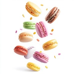 Falling macarons isolated on white background
