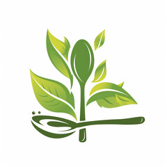 healthy food logo design with spoon and leaf elements, isolated on white background