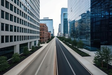Peaceful Urban Scene of Vacant City Street Next to Contemporary Office Building with City Reflections