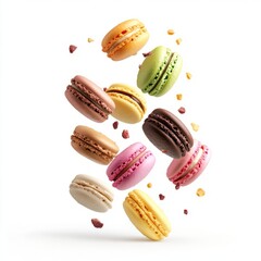 Falling macarons isolated on white background