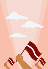 Flag of Latvia in hand. Happy National Latvia Day. November 18th. National Holiday of Latvia greeting card, banner, poster, social media, vector flat illustration