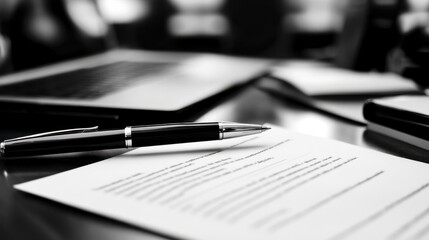 Monochrome Close-up of Resignation Documents on Desk, Pen and Paper, Professional Career Change, Business Termination Process in Office
