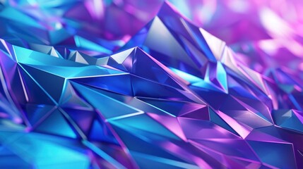 Purple and blue geometric low poly shapes on dark black background. High detail 3D rendering for design.