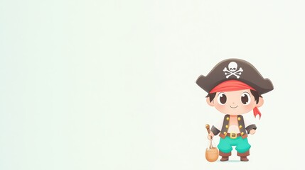 Fototapeta premium Cute Cartoon Pirate Boy Holding Bag on White Background