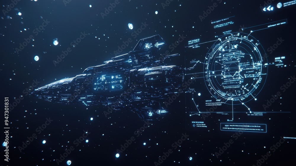 Poster futuristic spaceship with hud in space
