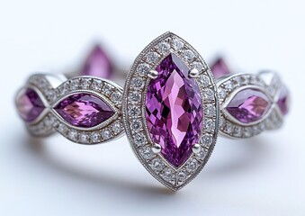 Fancy Design of a Large Marquise Shaped Amethyst and Diamonds Ring on Neutral Background