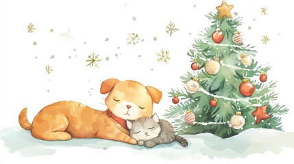 Adorable dog and cat sleeping by a festive Christmas tree, capturing warmth and holiday spirit in a cozy winter scene.