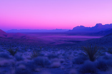 A purple-tinted landscape view of a barren desert landscape at dusk