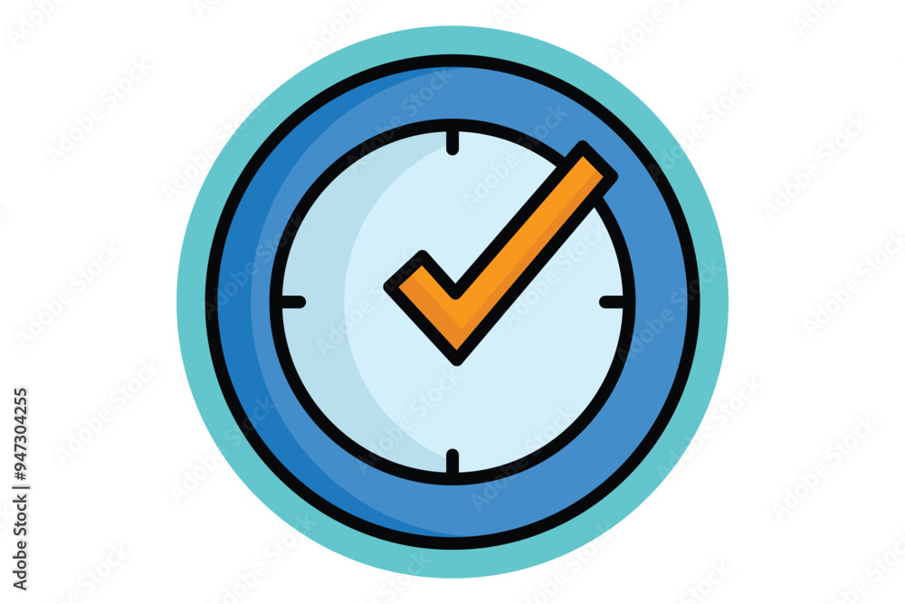 Poster real time colored outline icon. clock with check mark. icon related to efficiency. productivity elem