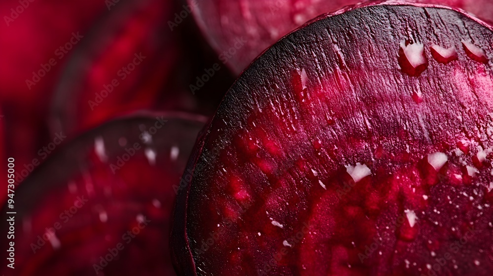 Poster close up photograph of a freshly cut beetroot displaying its deep red vibrant color and natural text