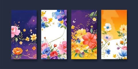 Beautiful wedding invitation set with green leaves and flowers, gold and floral frame 