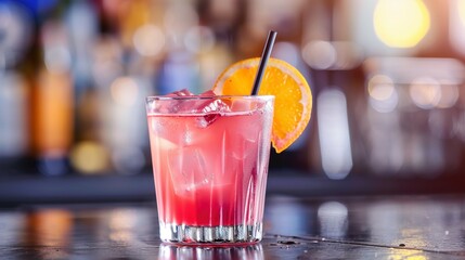 Glass of Pink Drink with a Slice of Orange on Top, Served in a Short Glass with a Black Straw