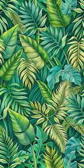 A seamless tropical pattern with various shades of green monstera and palm leaves. The vibrant design evokes a lush, jungle-like atmosphere, perfect for summer-themed projects